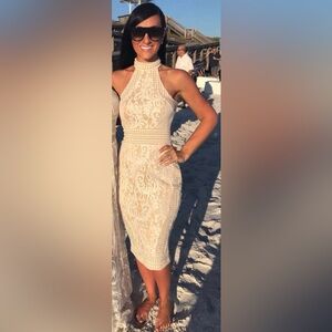 PrettyLittleThing Tan and White Halter Sheath Dress